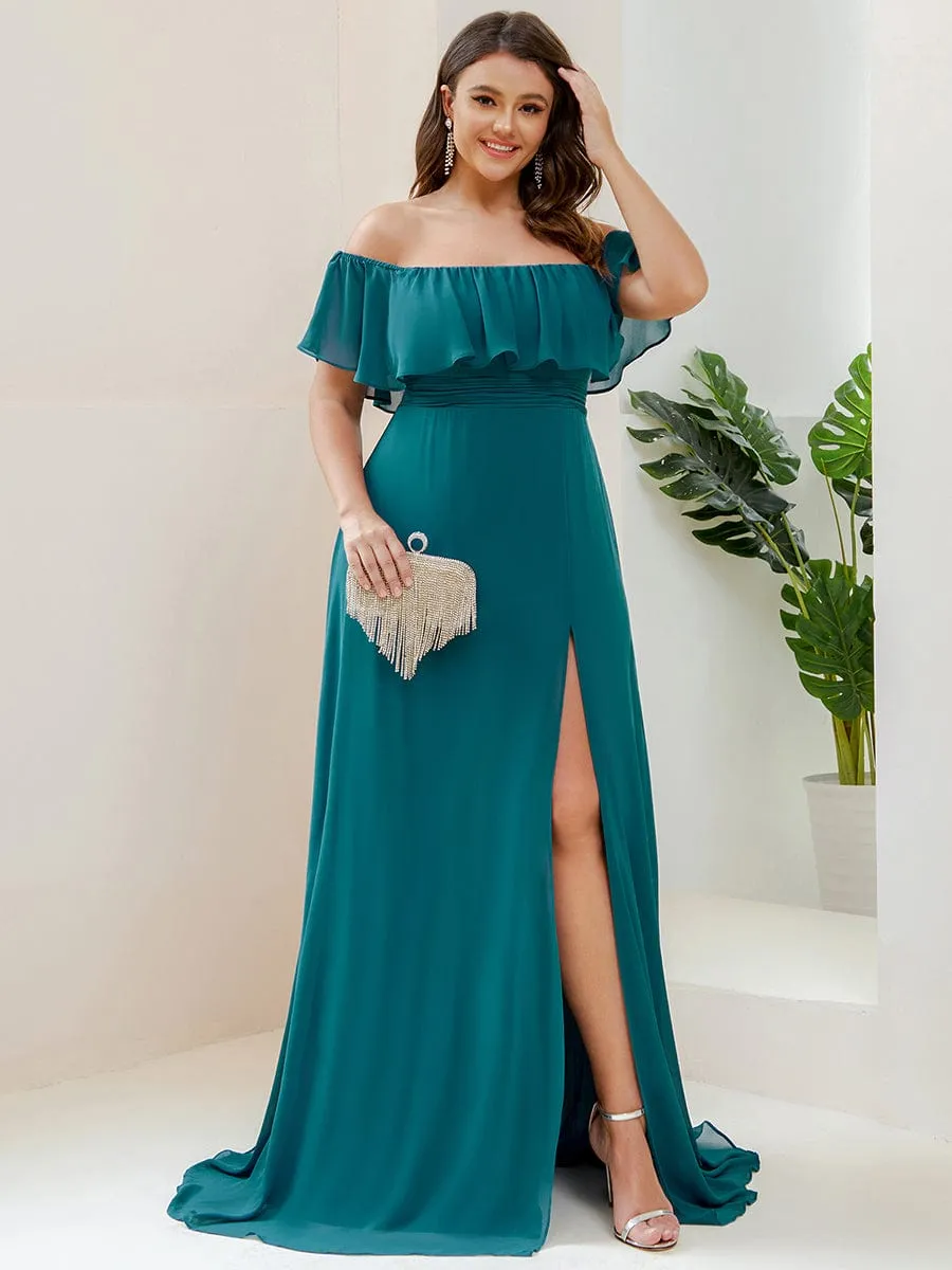 Custom Size Chiffon Ruffle Off Shoulder Thigh Slit Bridesmaid Dresses