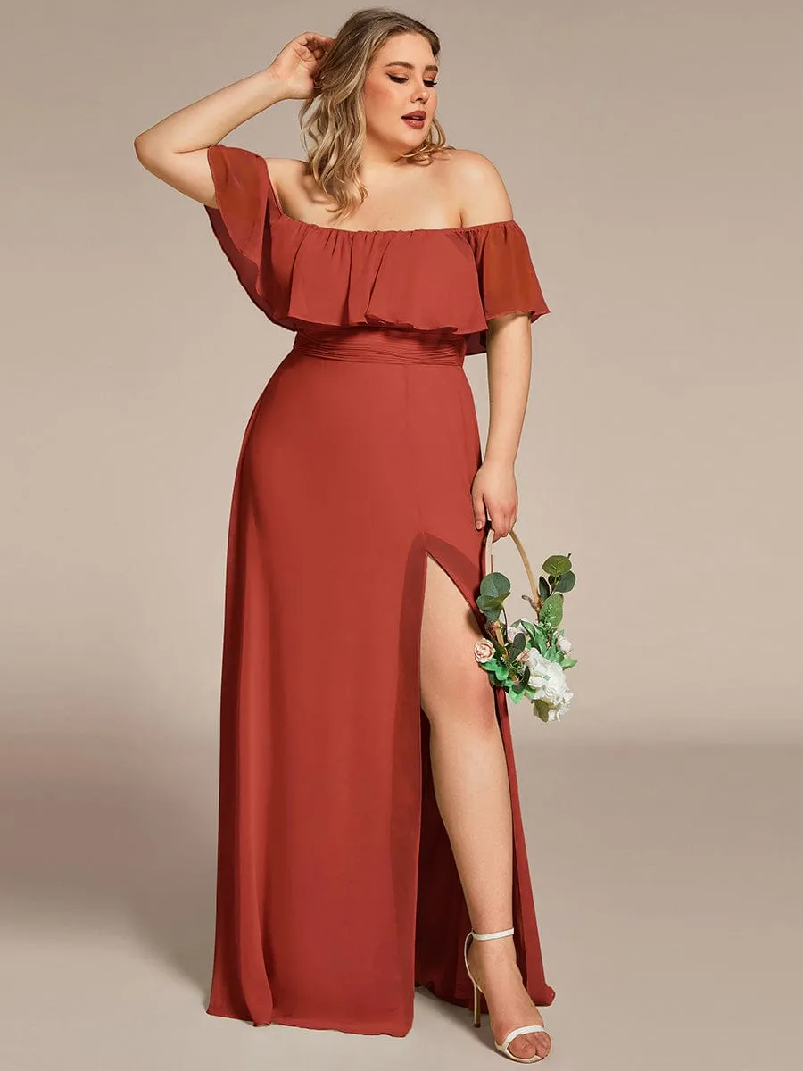 Custom Size Chiffon Ruffle Off Shoulder Thigh Slit Bridesmaid Dresses