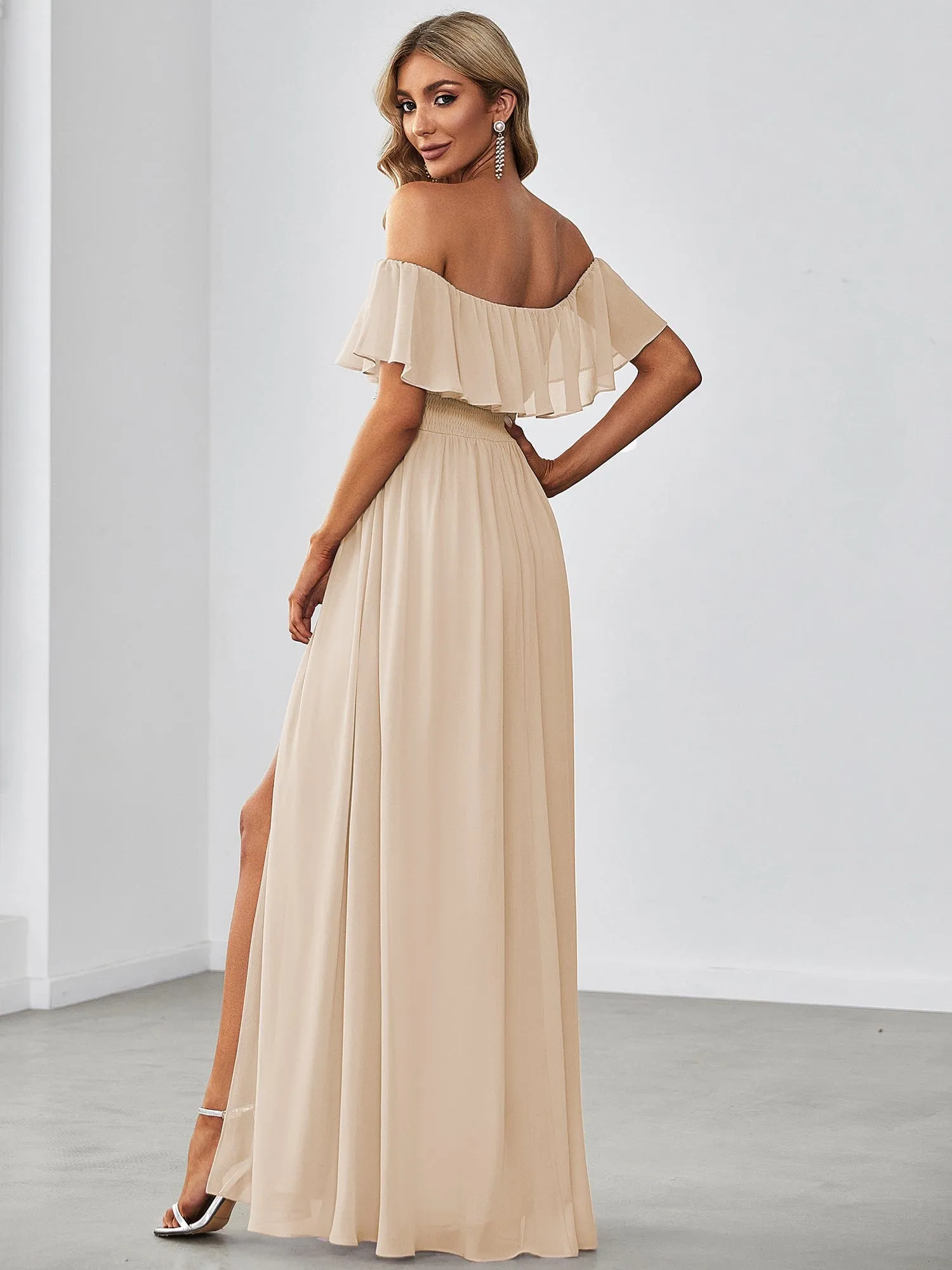 Custom Size Chiffon Ruffle Off Shoulder Thigh Slit Bridesmaid Dresses