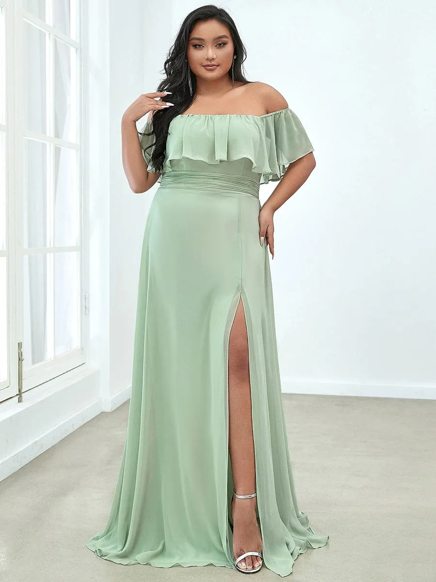 Custom Size Chiffon Ruffle Off Shoulder Thigh Slit Bridesmaid Dresses