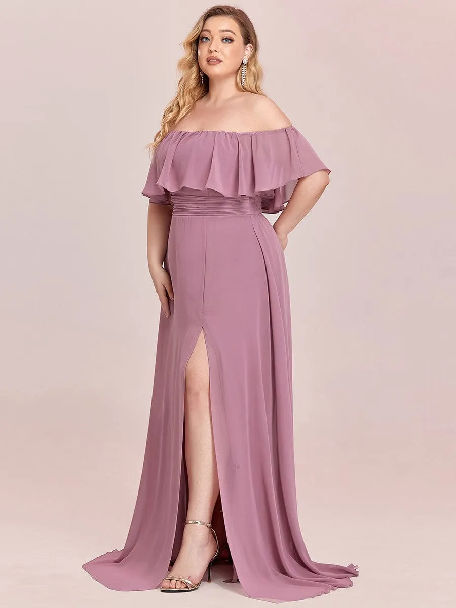 Custom Size Chiffon Ruffle Off Shoulder Thigh Slit Bridesmaid Dresses