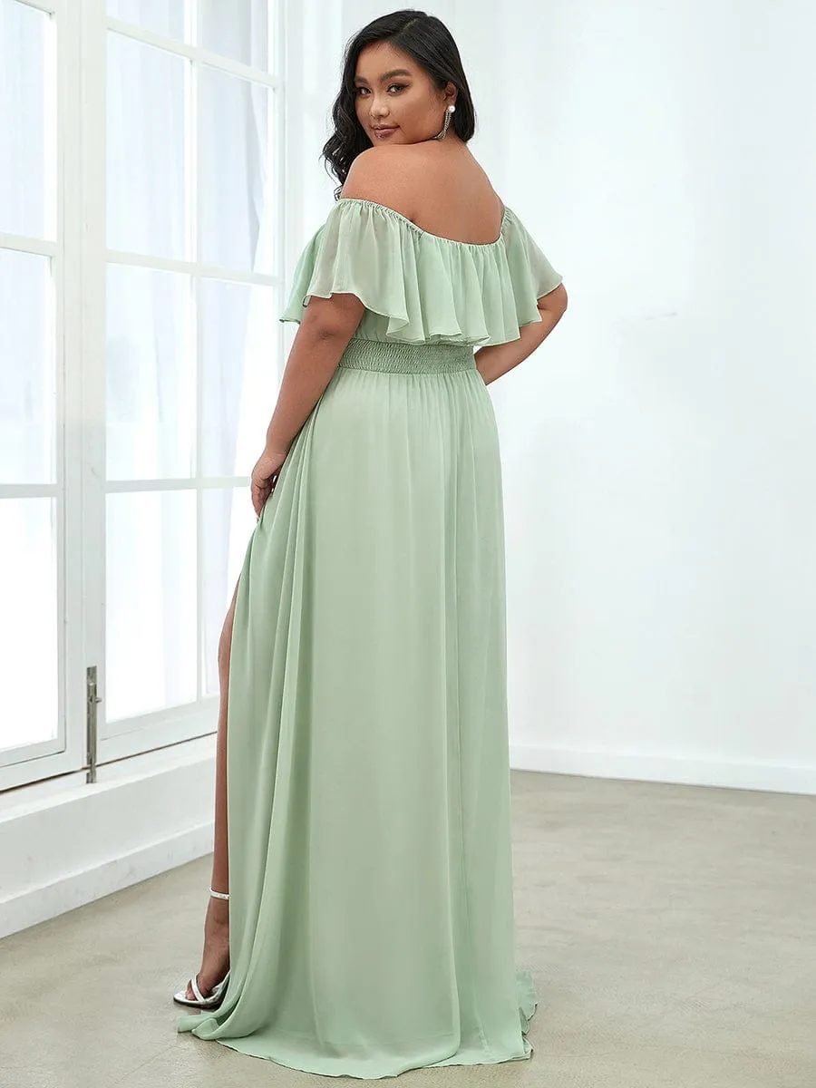 Custom Size Chiffon Ruffle Off Shoulder Thigh Slit Bridesmaid Dresses