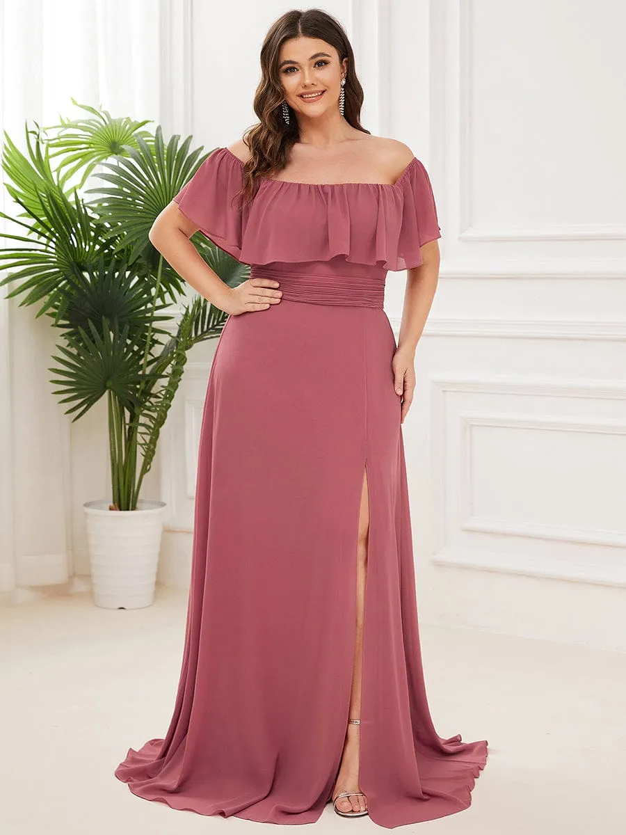 Custom Size Chiffon Ruffle Off Shoulder Thigh Slit Bridesmaid Dresses