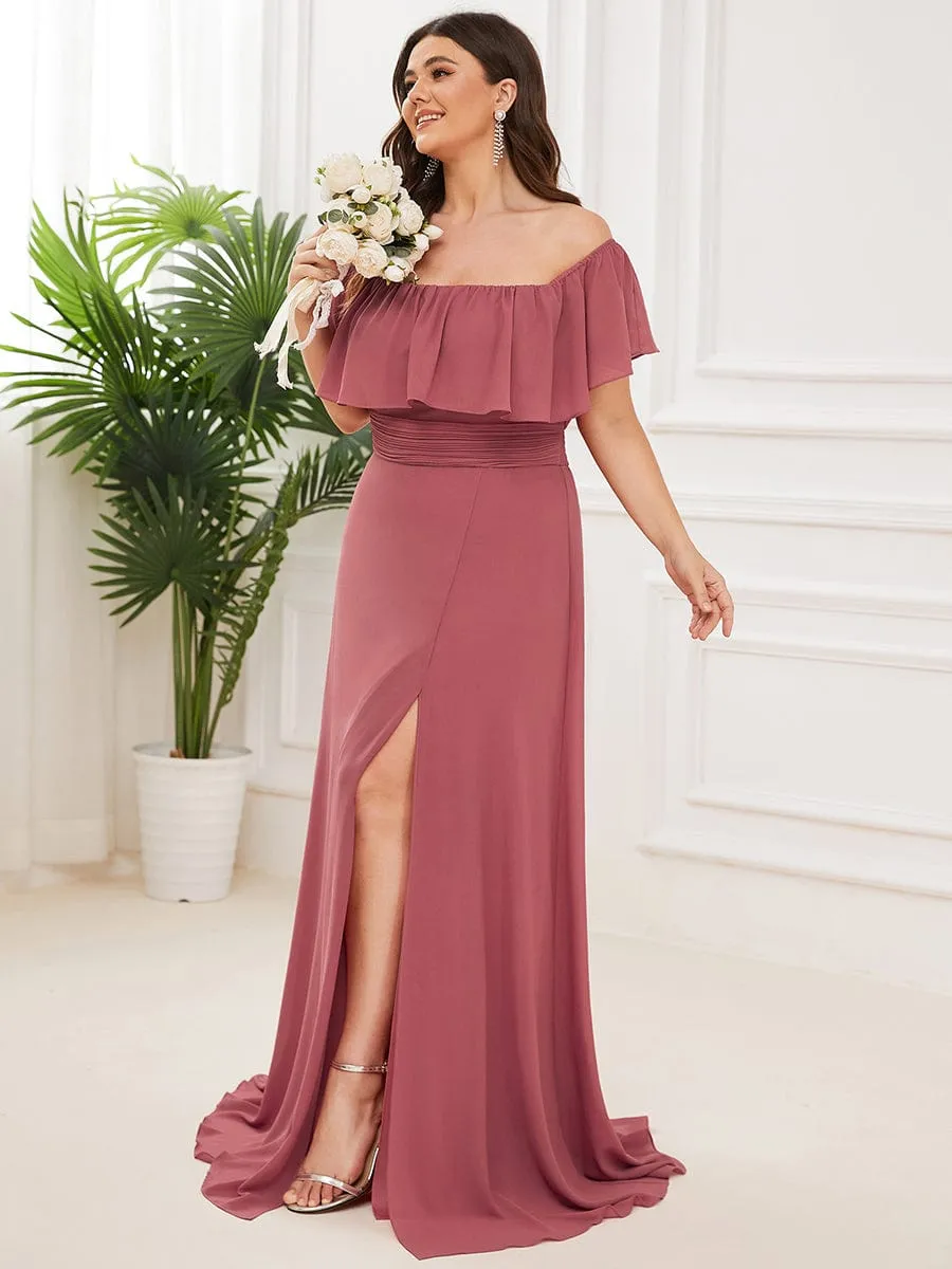 Custom Size Chiffon Ruffle Off Shoulder Thigh Slit Bridesmaid Dresses