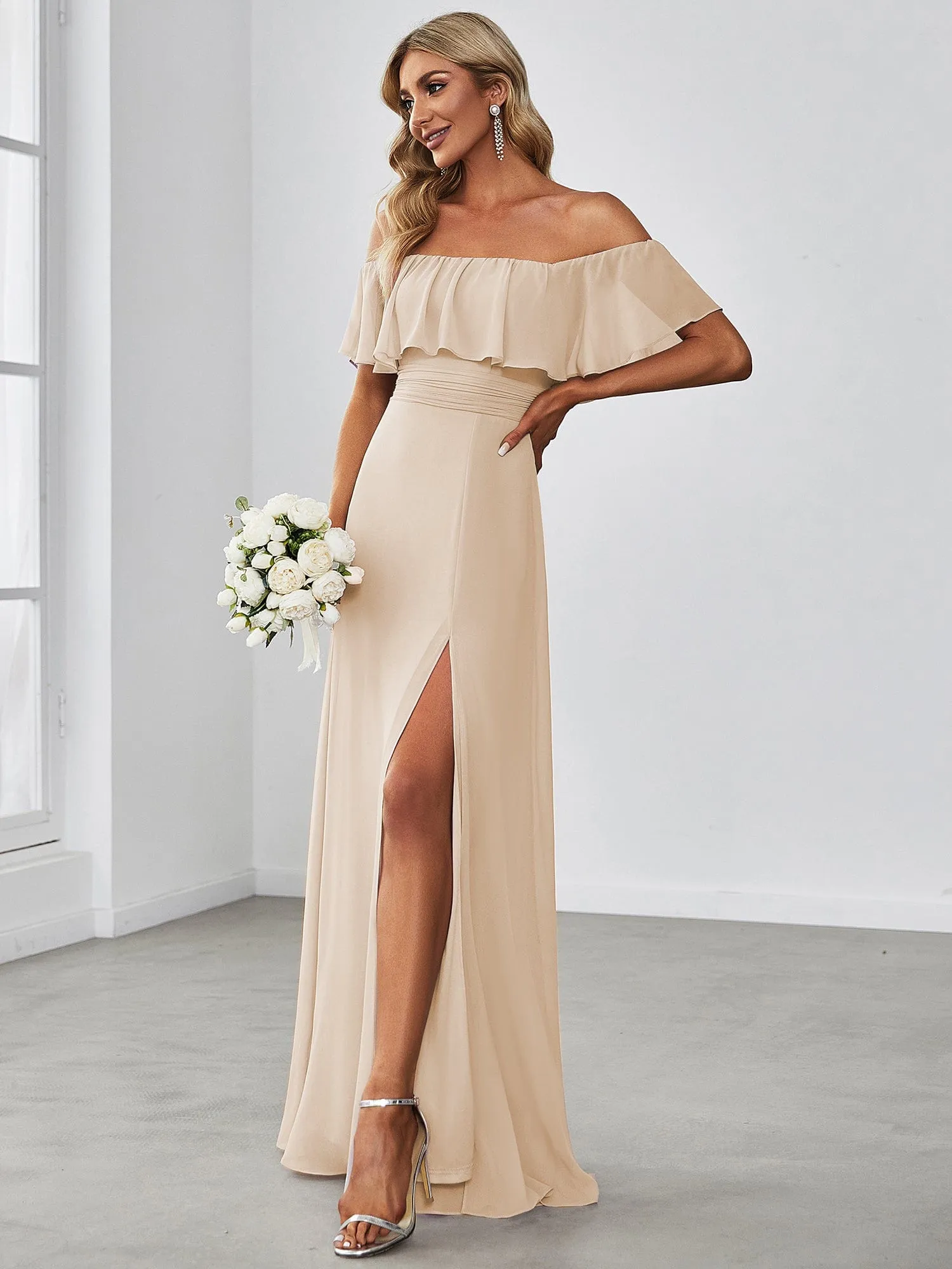 Custom Size Chiffon Ruffle Off Shoulder Thigh Slit Bridesmaid Dresses