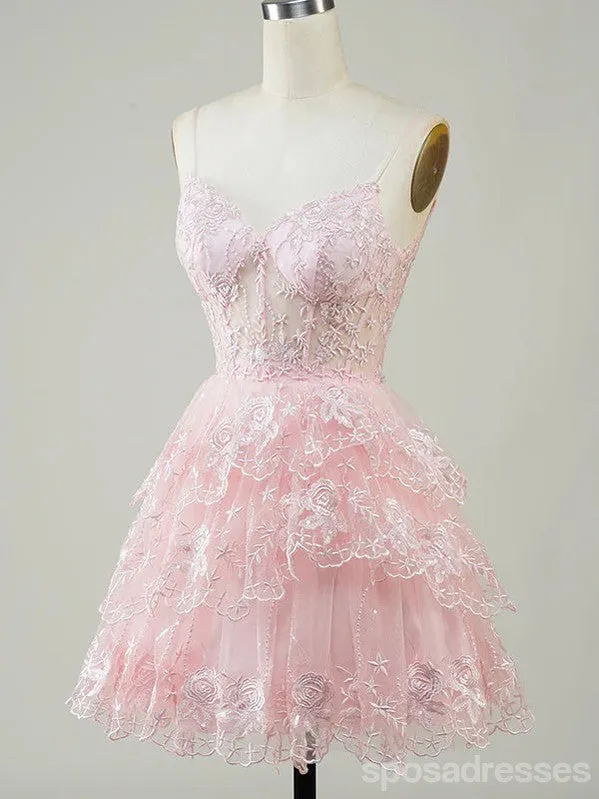 Cute Floral Pink A-line Spaghetti Straps Mini Short Prom Homecoming Dresses Online,CM972