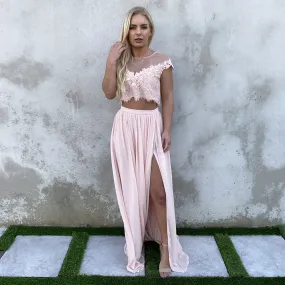 Dance With Me Lace Top & Maxi Skirt Set In Blush Pink