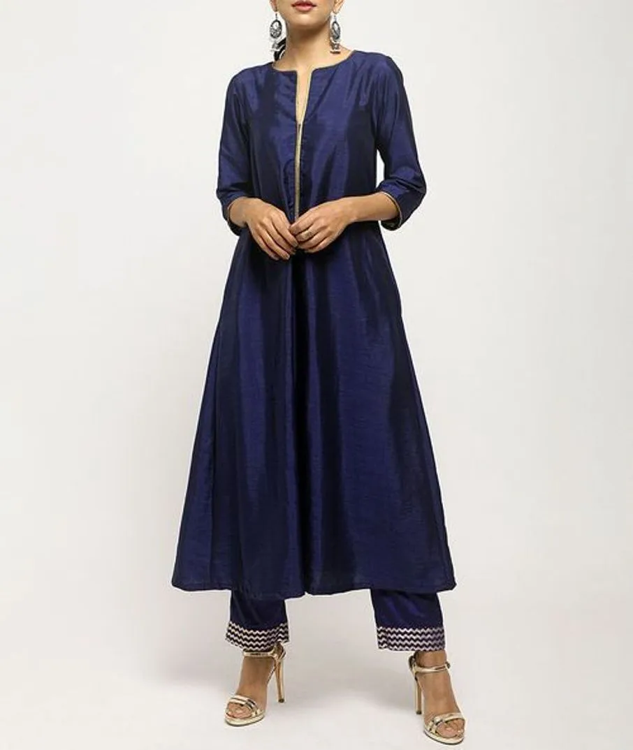 Dark Blue Silk Kurta With Pants