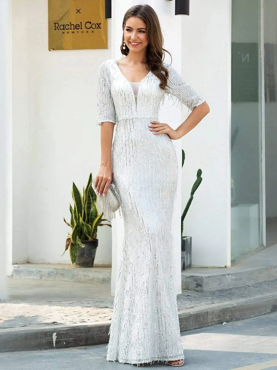 Deep V Neckline Sequin Tassels Prom Dresses with Half Sleeves