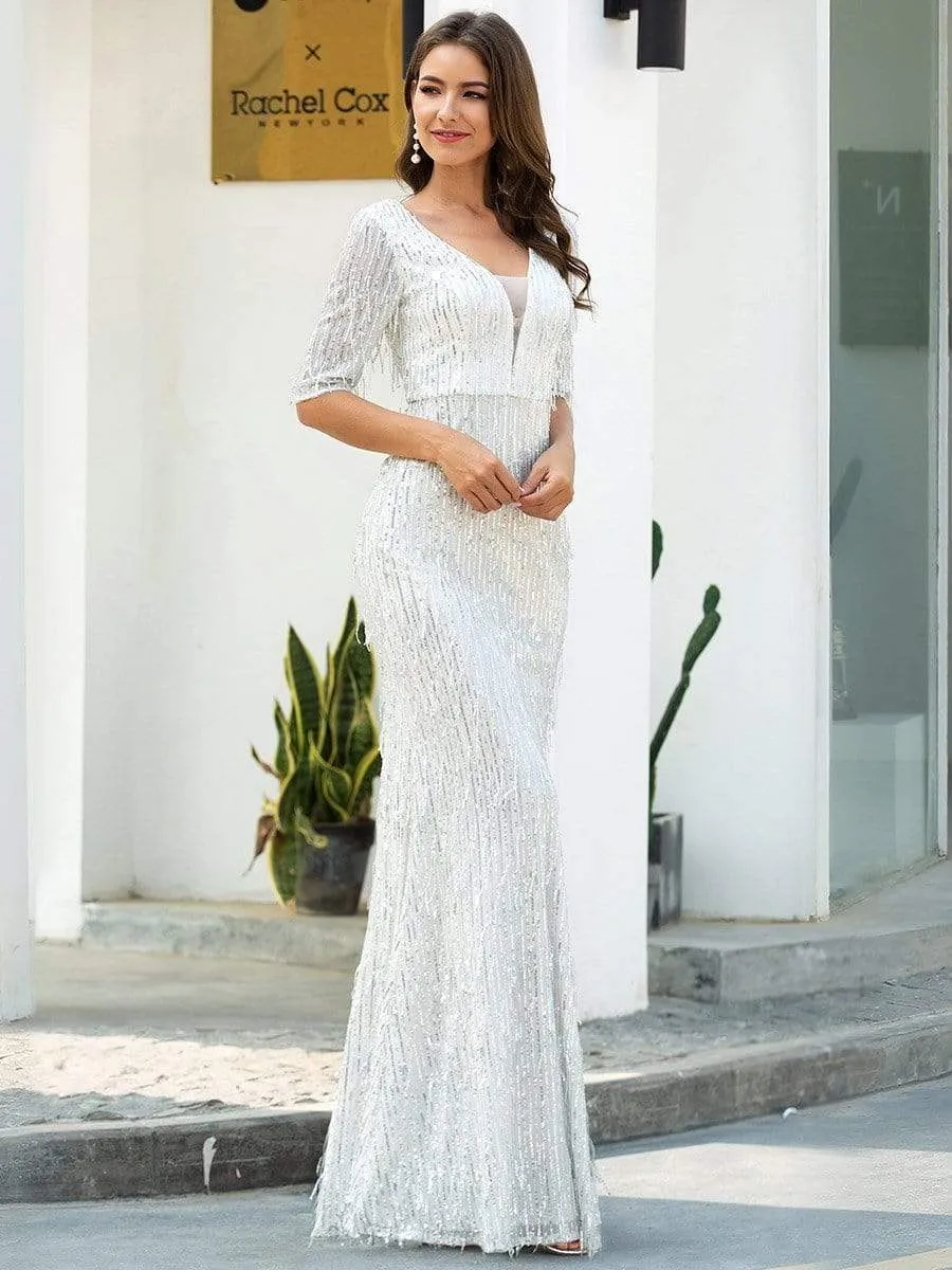 Deep V Neckline Sequin Tassels Prom Dresses with Half Sleeves