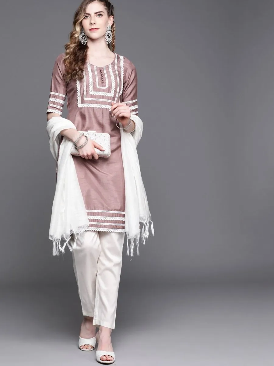 Dirty Pink Laced Kurta with Pants and Dupatta