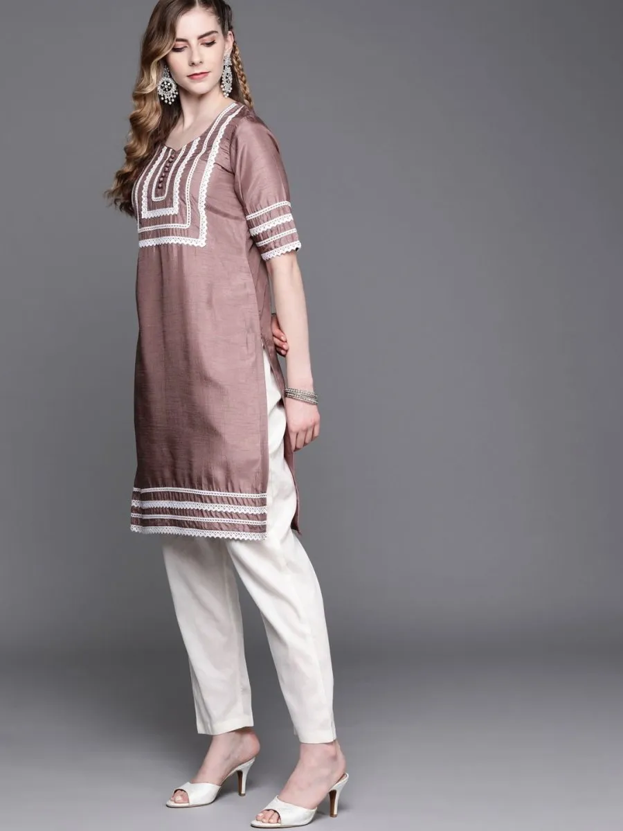 Dirty Pink Laced Kurta with Pants and Dupatta