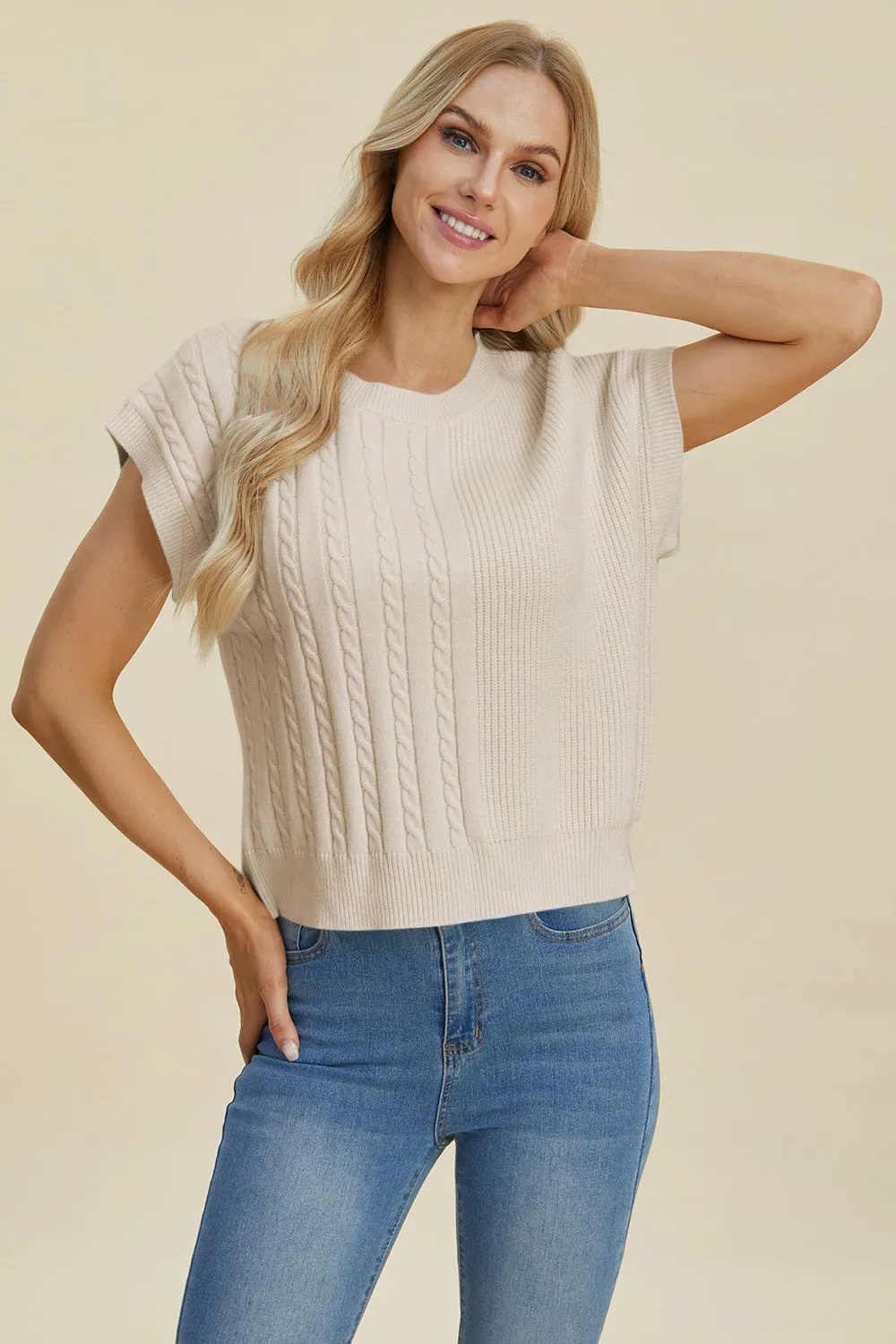 Double Take Full Size Cable-Knit Round Neck Short Sleeve Sweater