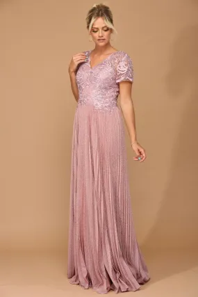 Dusty Rose Half Sleeve V Neck Accordion Pleat Metallic Skirt