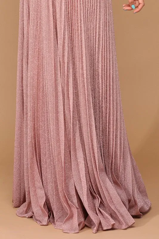 Dusty Rose Half Sleeve V Neck Accordion Pleat Metallic Skirt