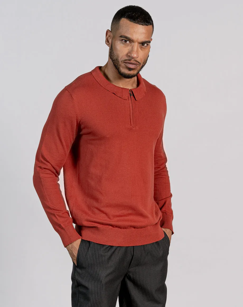 ESSENTIAL LONG SLEEVE ZIPPED POLO TOP - BURGUNDY