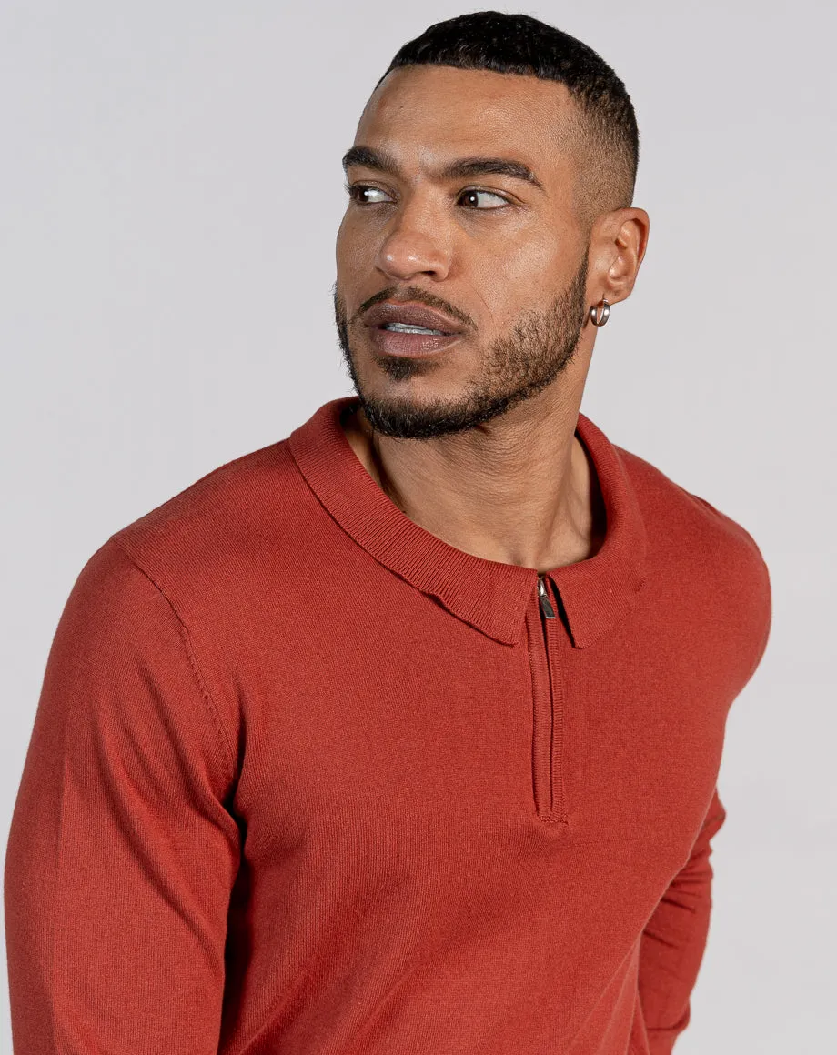 ESSENTIAL LONG SLEEVE ZIPPED POLO TOP - BURGUNDY