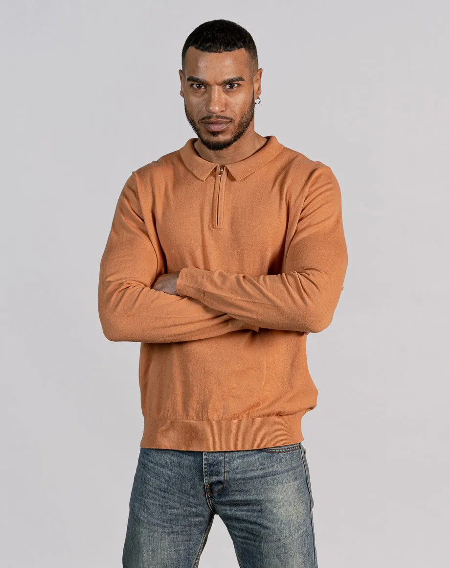 ESSENTIAL LONG SLEEVE ZIPPED POLO TOP - TOFFEE