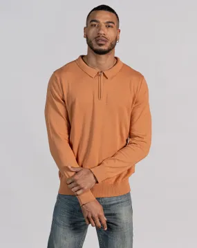 ESSENTIAL LONG SLEEVE ZIPPED POLO TOP - TOFFEE