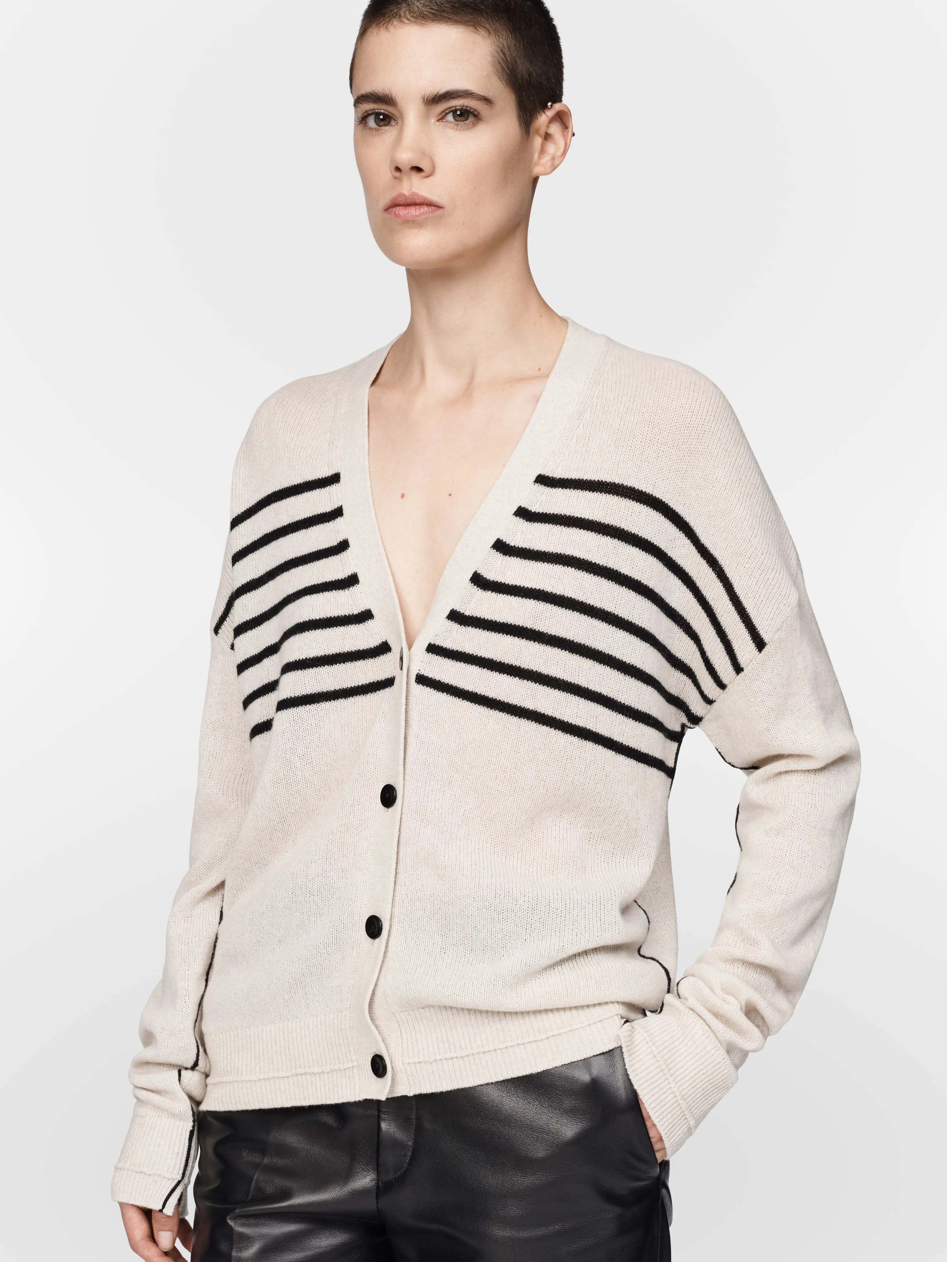 Featherweight Boyfriend Cardigan in Crema w/ Black Stripe