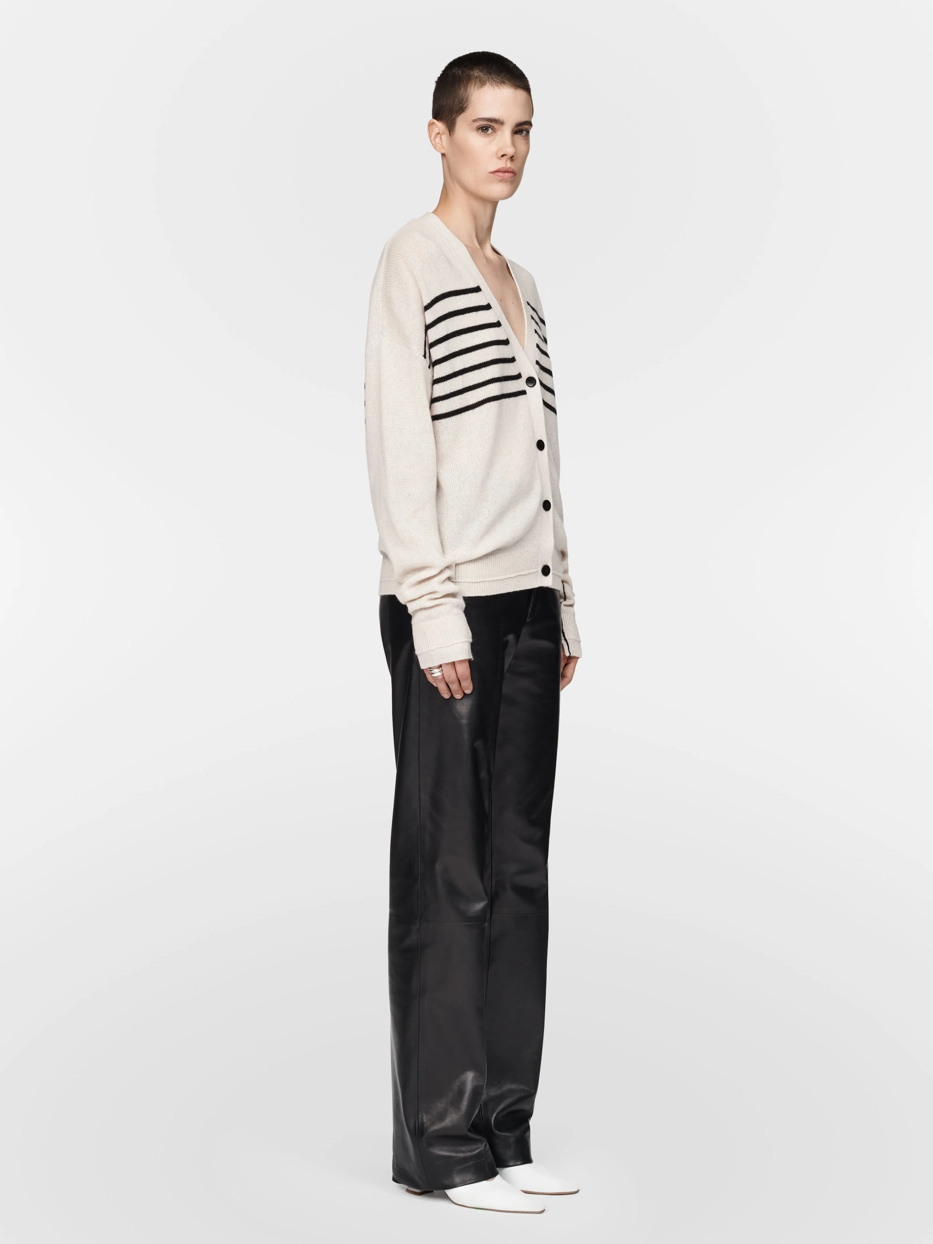 Featherweight Boyfriend Cardigan in Crema w/ Black Stripe