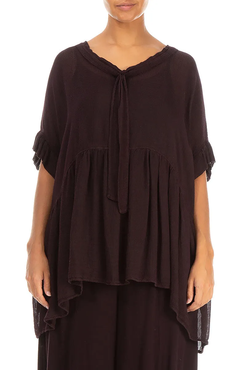 Flared Mesh Aubergine Silk Rayon Blouse