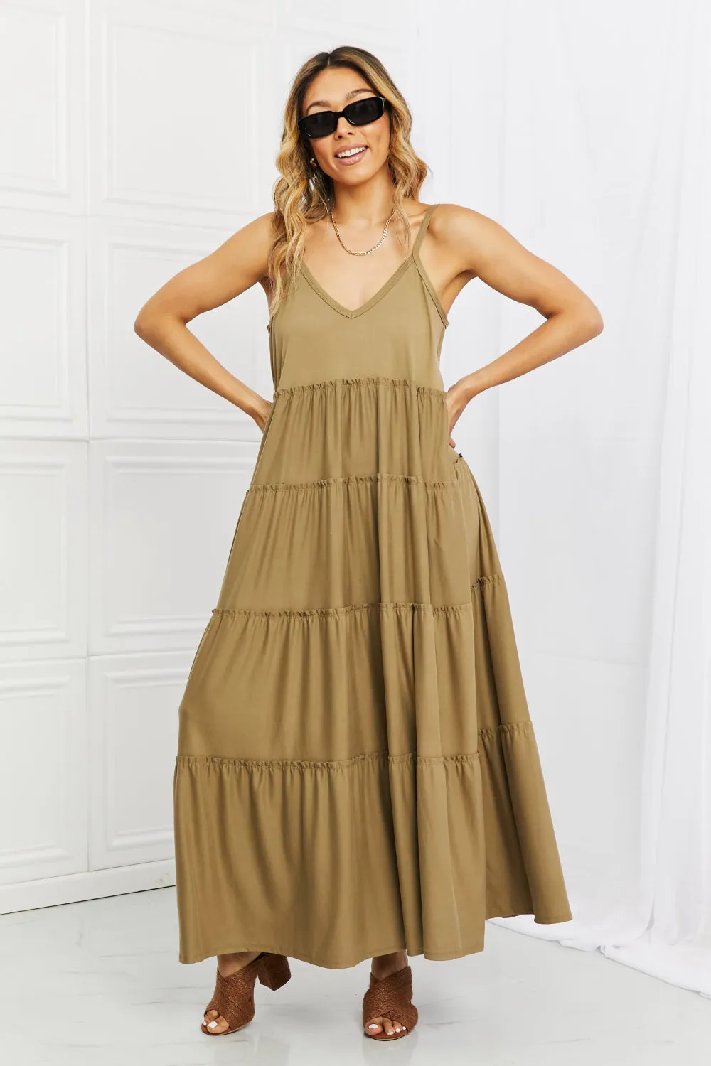 Full Size Spaghetti Strap Tiered Dress with Pockets in Khaki