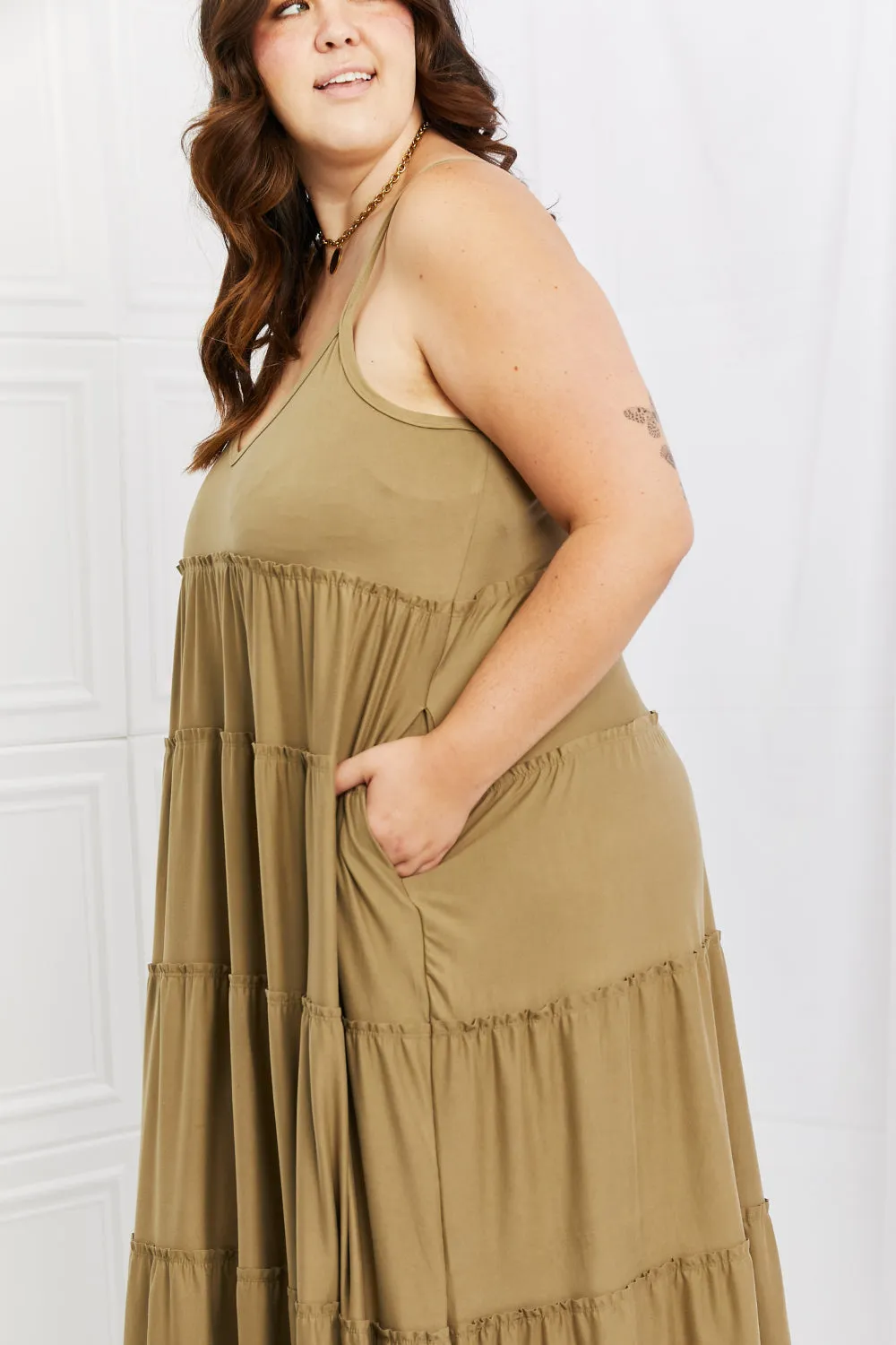 Full Size Spaghetti Strap Tiered Dress with Pockets in Khaki