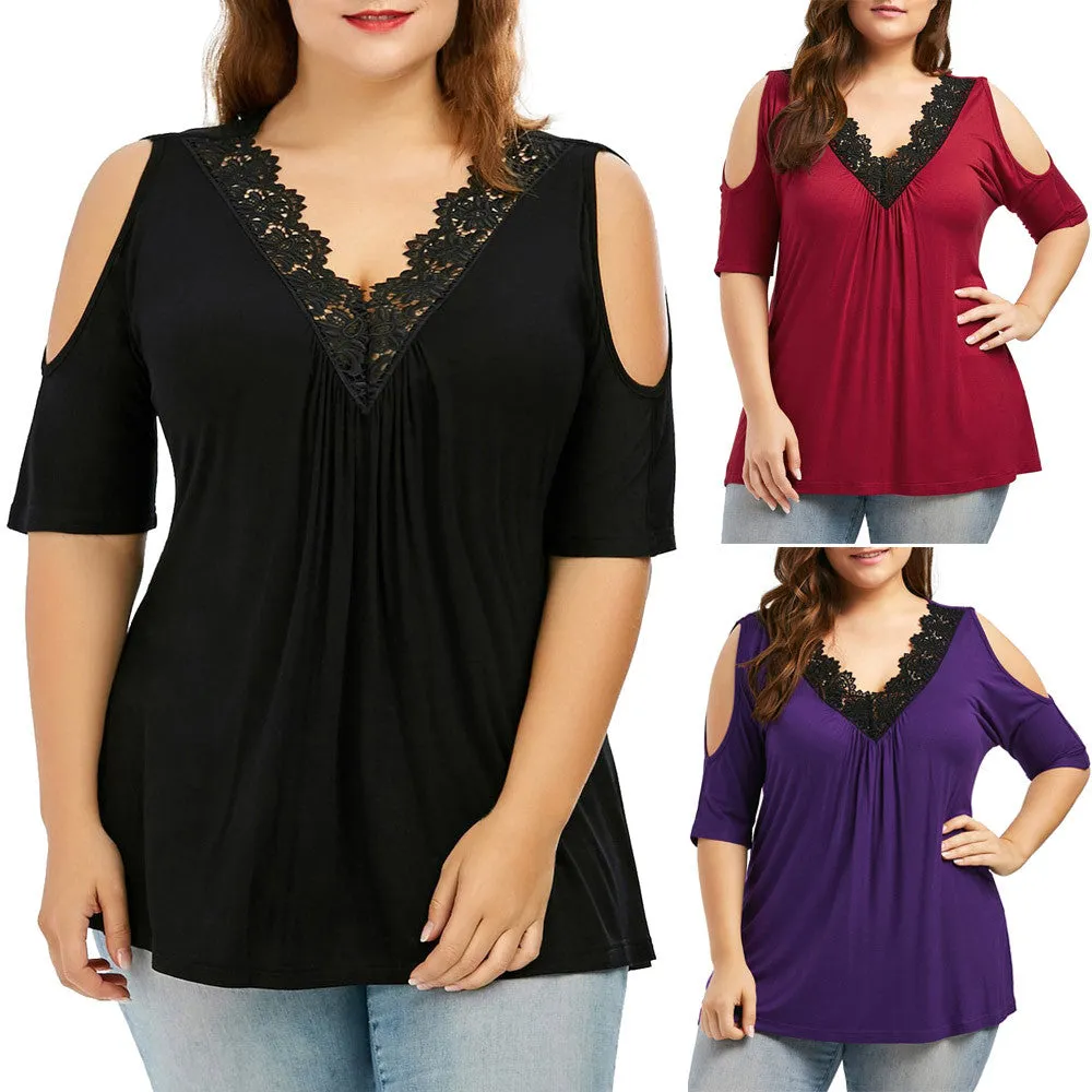 Funki Buys | Shirts | Women's Plus Lace Trim Open Sleeve Top