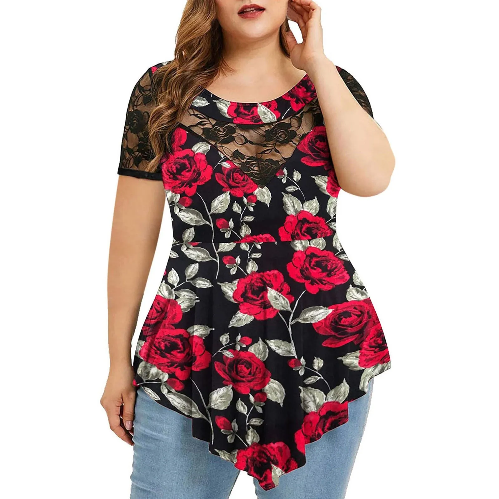 Funki Buys | Shirts | Women's Plus Size 4XL Floral Lace Tunic Blouse