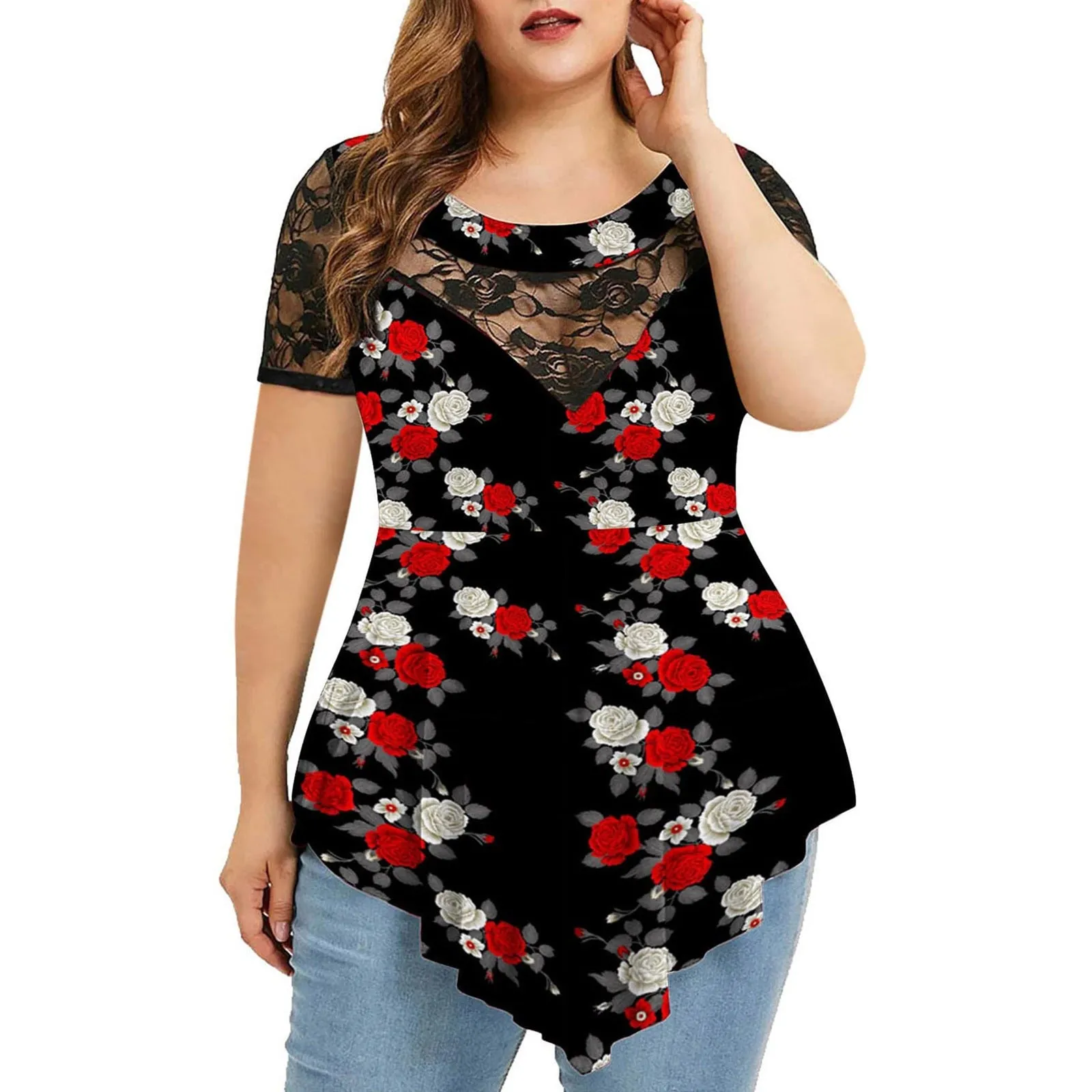 Funki Buys | Shirts | Women's Plus Size 4XL Floral Lace Tunic Blouse