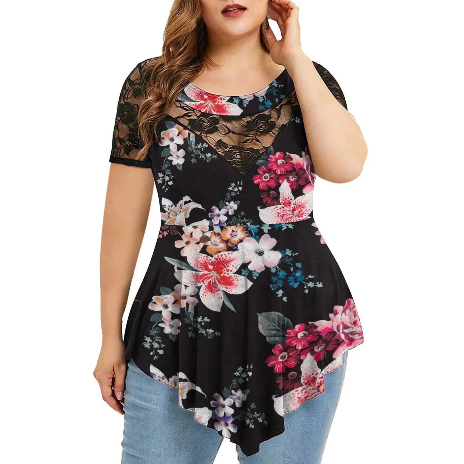 Funki Buys | Shirts | Women's Plus Size 4XL Floral Lace Tunic Blouse