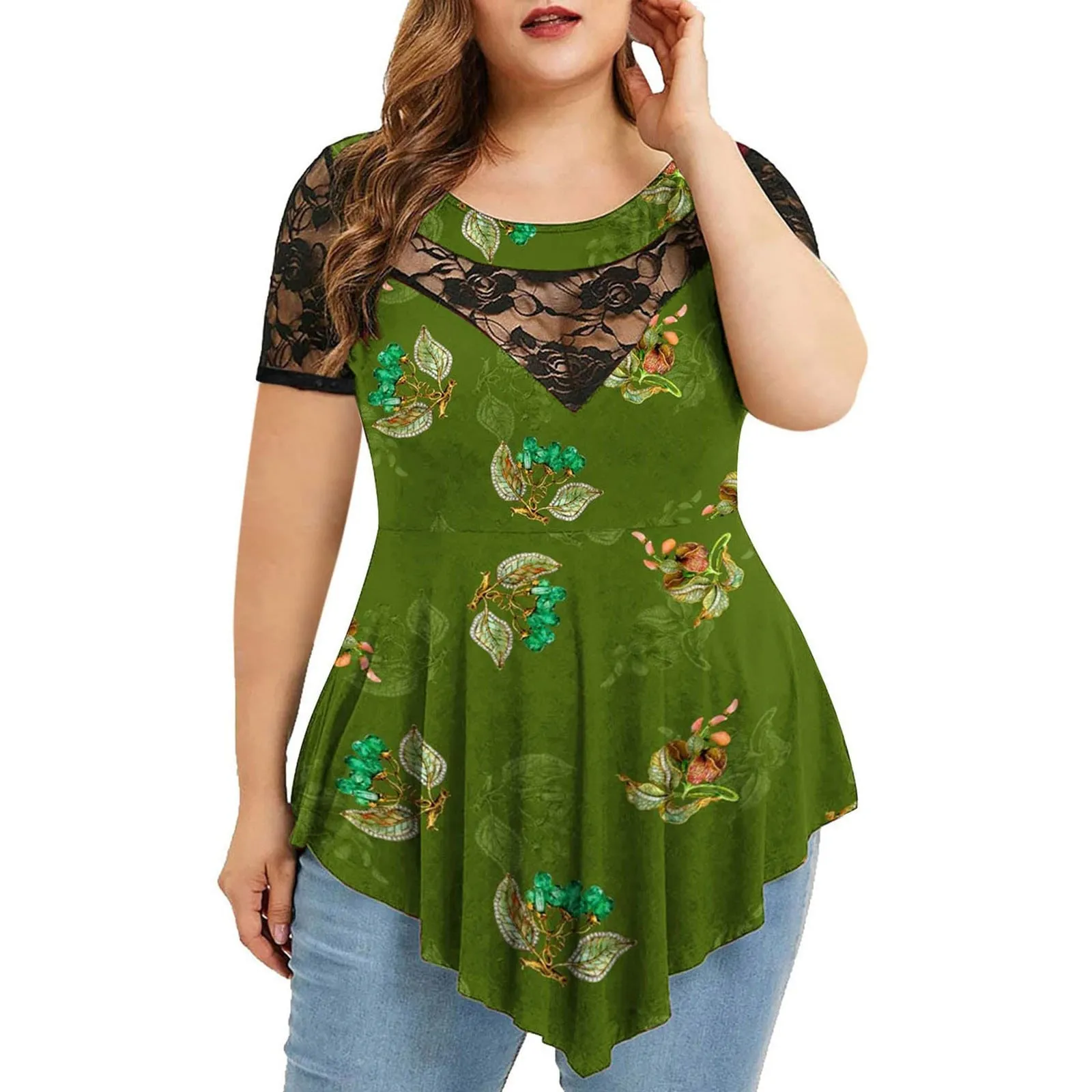 Funki Buys | Shirts | Women's Plus Size 4XL Floral Lace Tunic Blouse