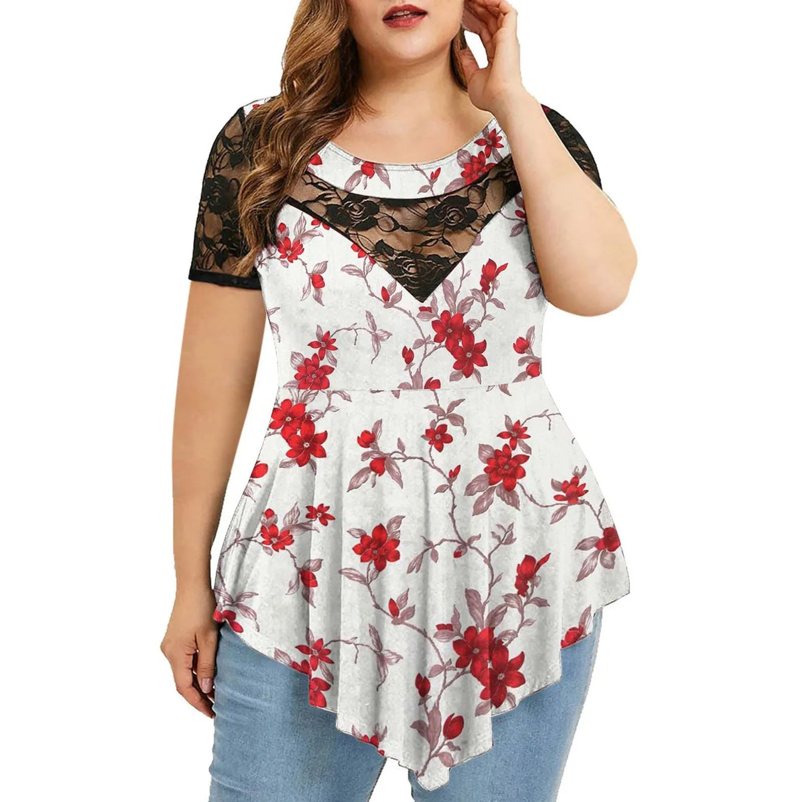 Funki Buys | Shirts | Women's Plus Size 4XL Floral Lace Tunic Blouse