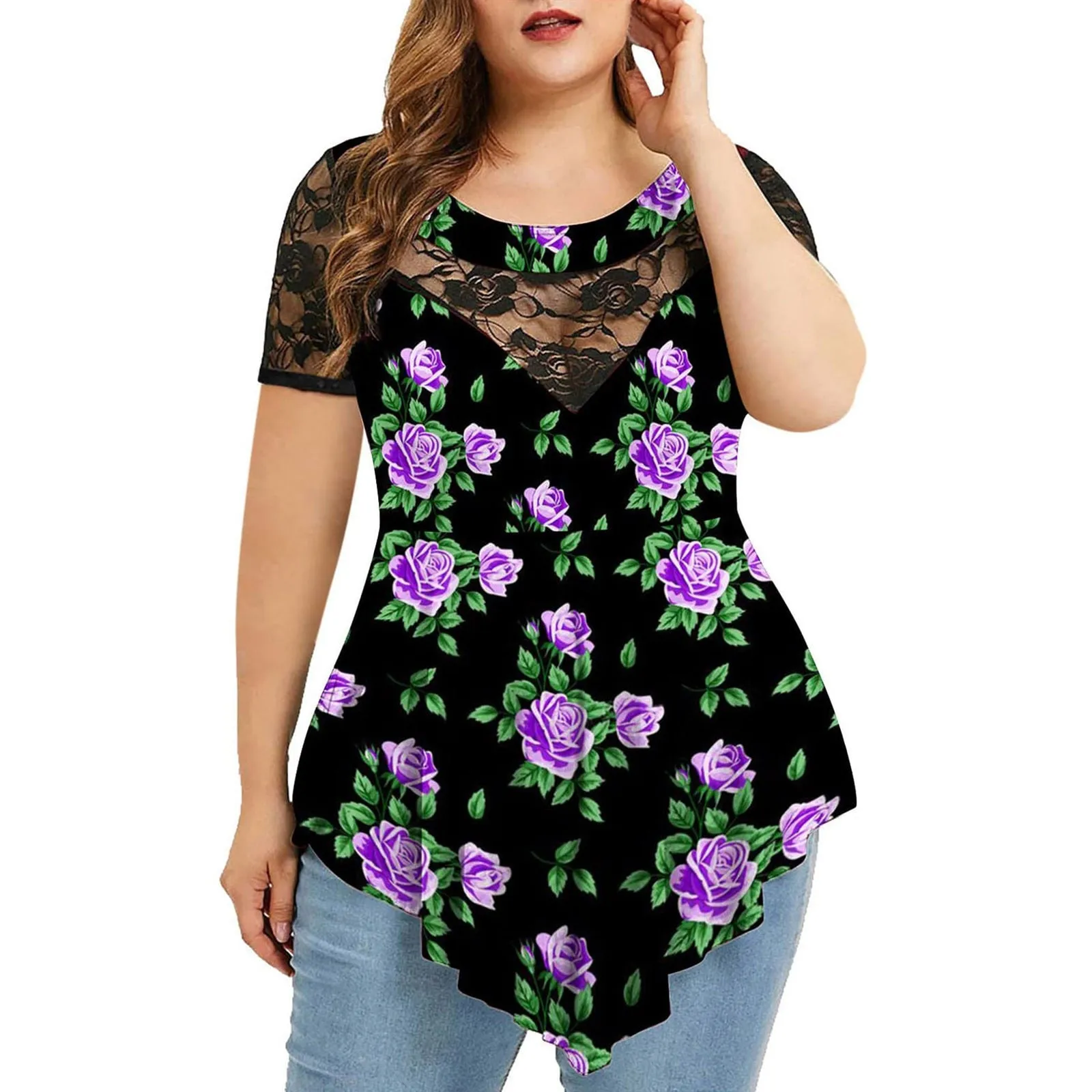 Funki Buys | Shirts | Women's Plus Size 4XL Floral Lace Tunic Blouse