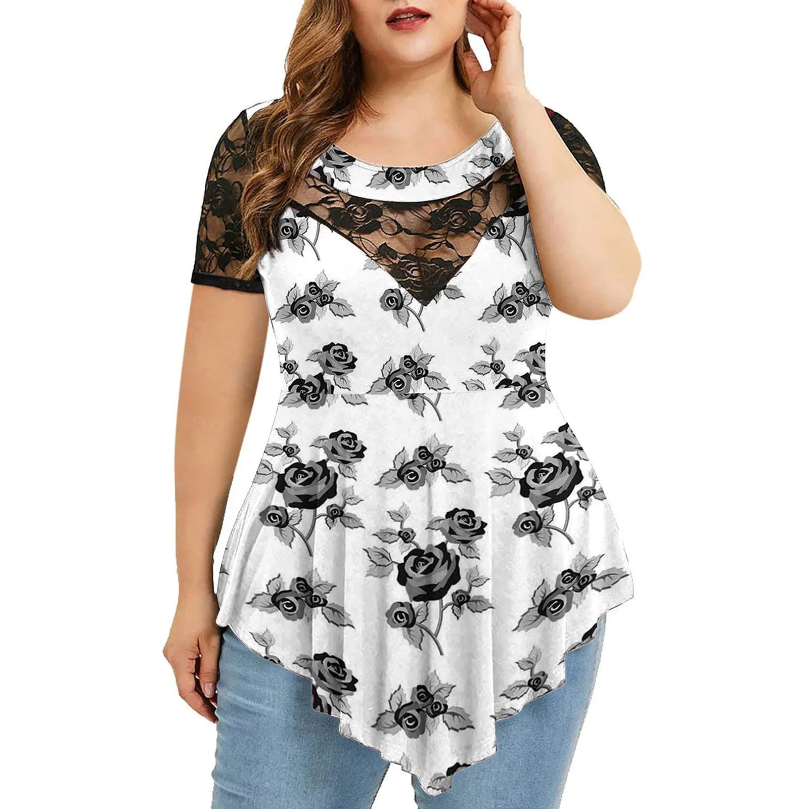 Funki Buys | Shirts | Women's Plus Size 4XL Floral Lace Tunic Blouse