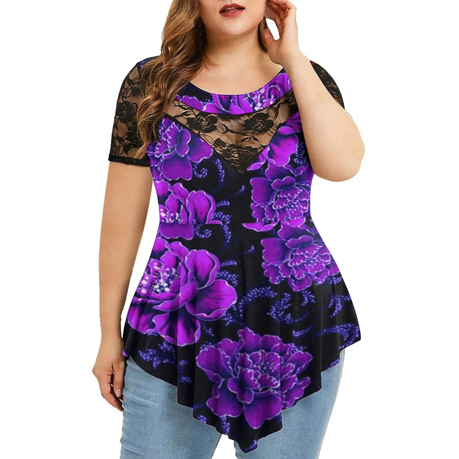 Funki Buys | Shirts | Women's Plus Size 4XL Floral Lace Tunic Blouse