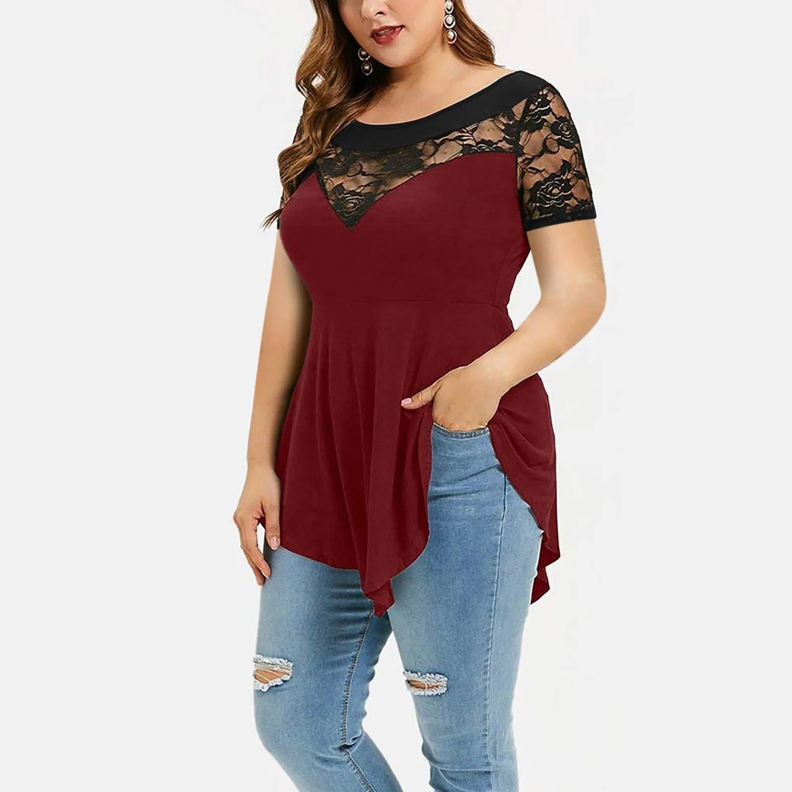 Funki Buys | Shirts | Women's Plus Size 4XL Floral Lace Tunic Blouse