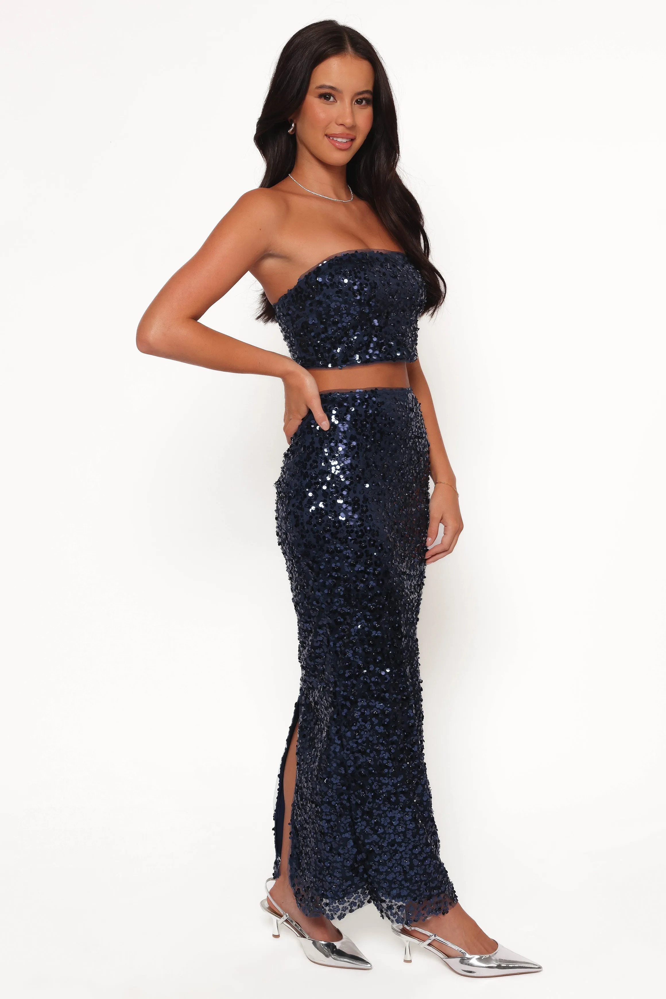 Glissy Sequin Skirt Set - Navy