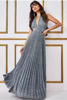 Goddiva Plunge Halterneck Sequin Lurex Maxi - Silver