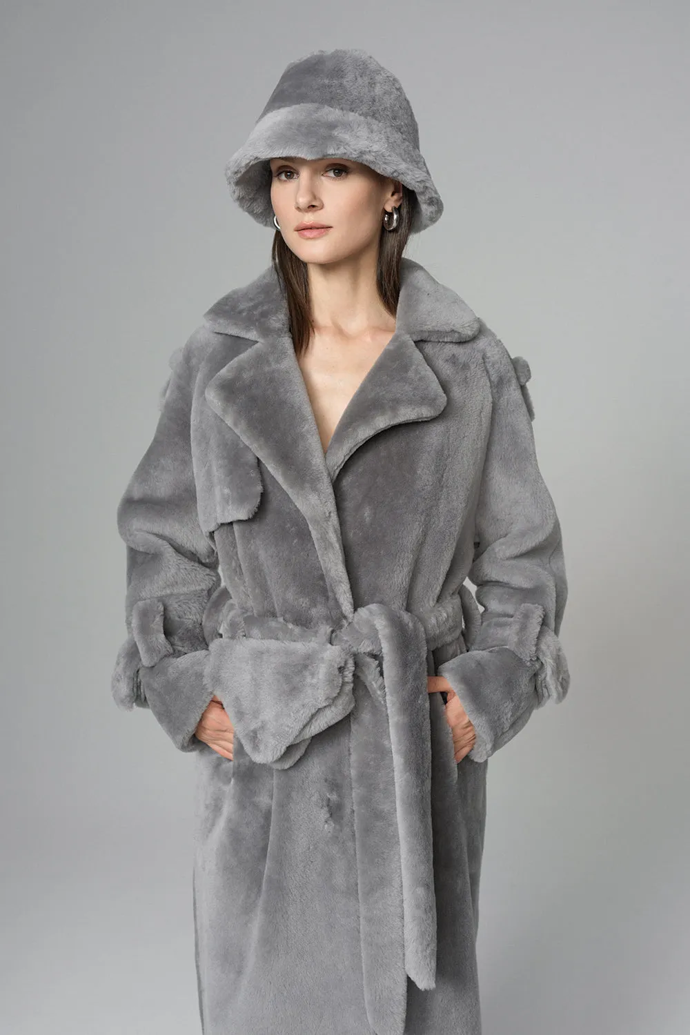 Gray Genuine Lamb Fur Overcoat with Fanny Pack