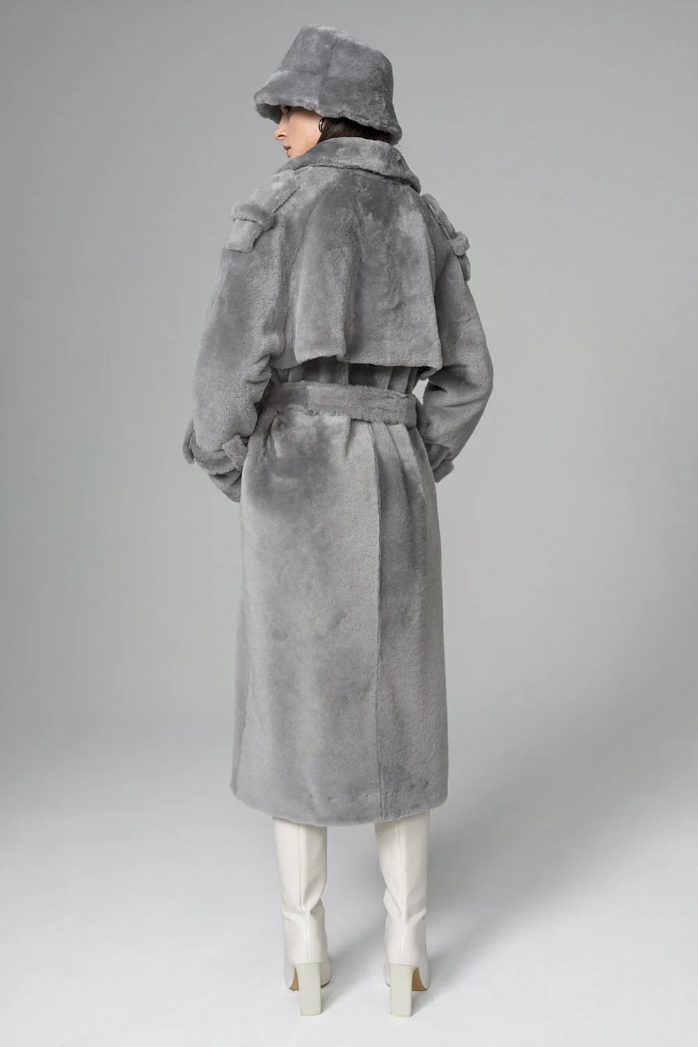 Gray Genuine Lamb Fur Overcoat with Fanny Pack