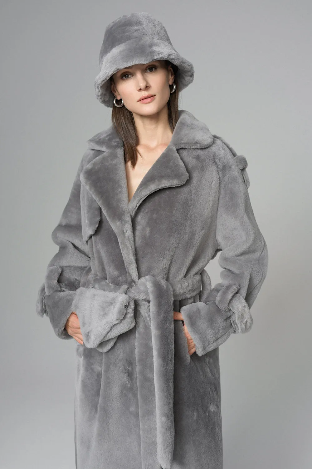 Gray Genuine Lamb Fur Overcoat with Fanny Pack