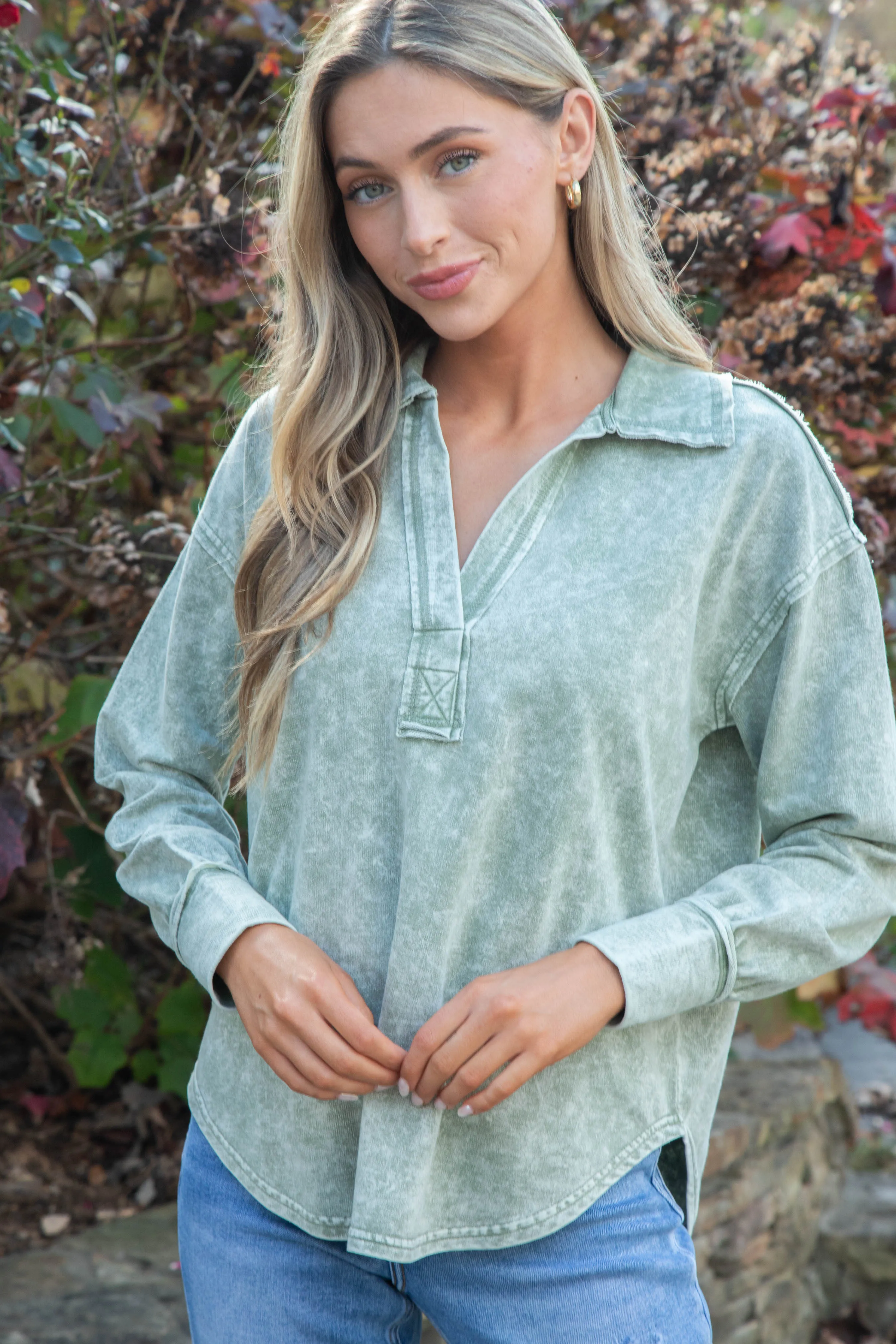 Greer Collared Washed Top, Olive