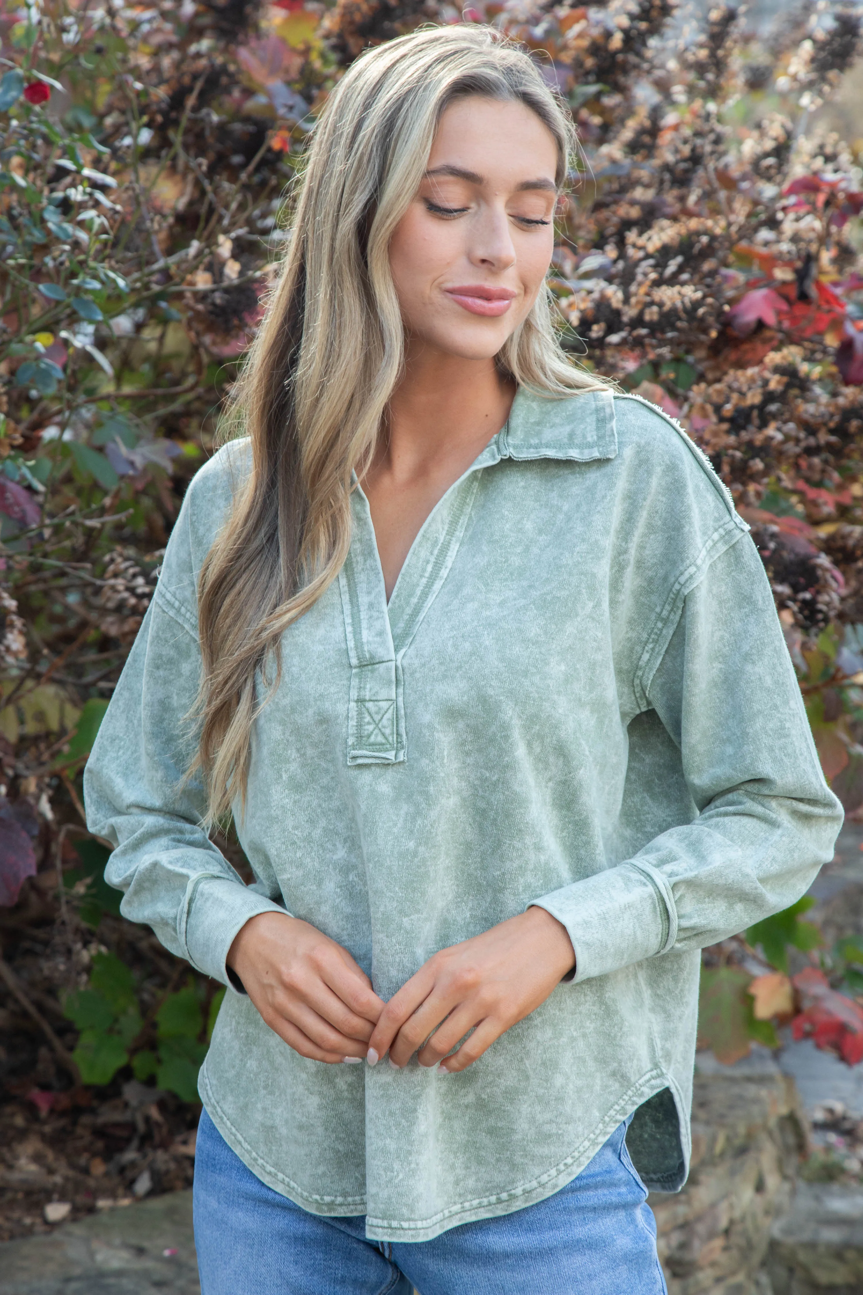 Greer Collared Washed Top, Olive