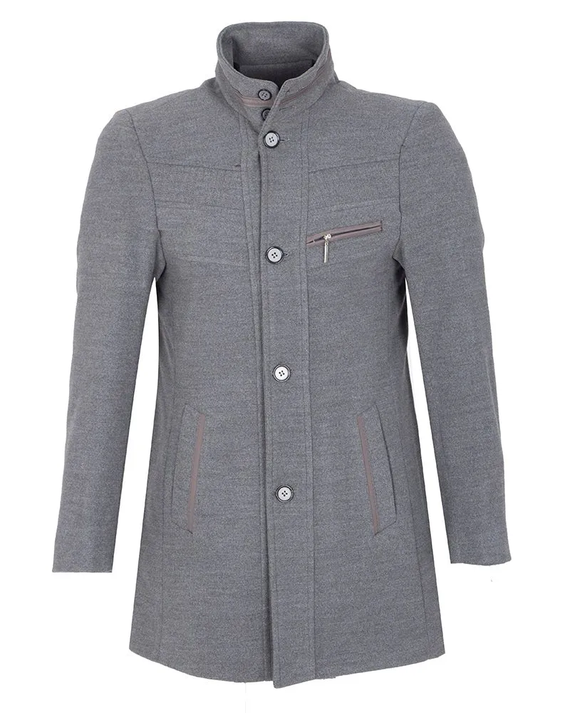 Grey Funnel Neck Wool Blend Warm Overcoat