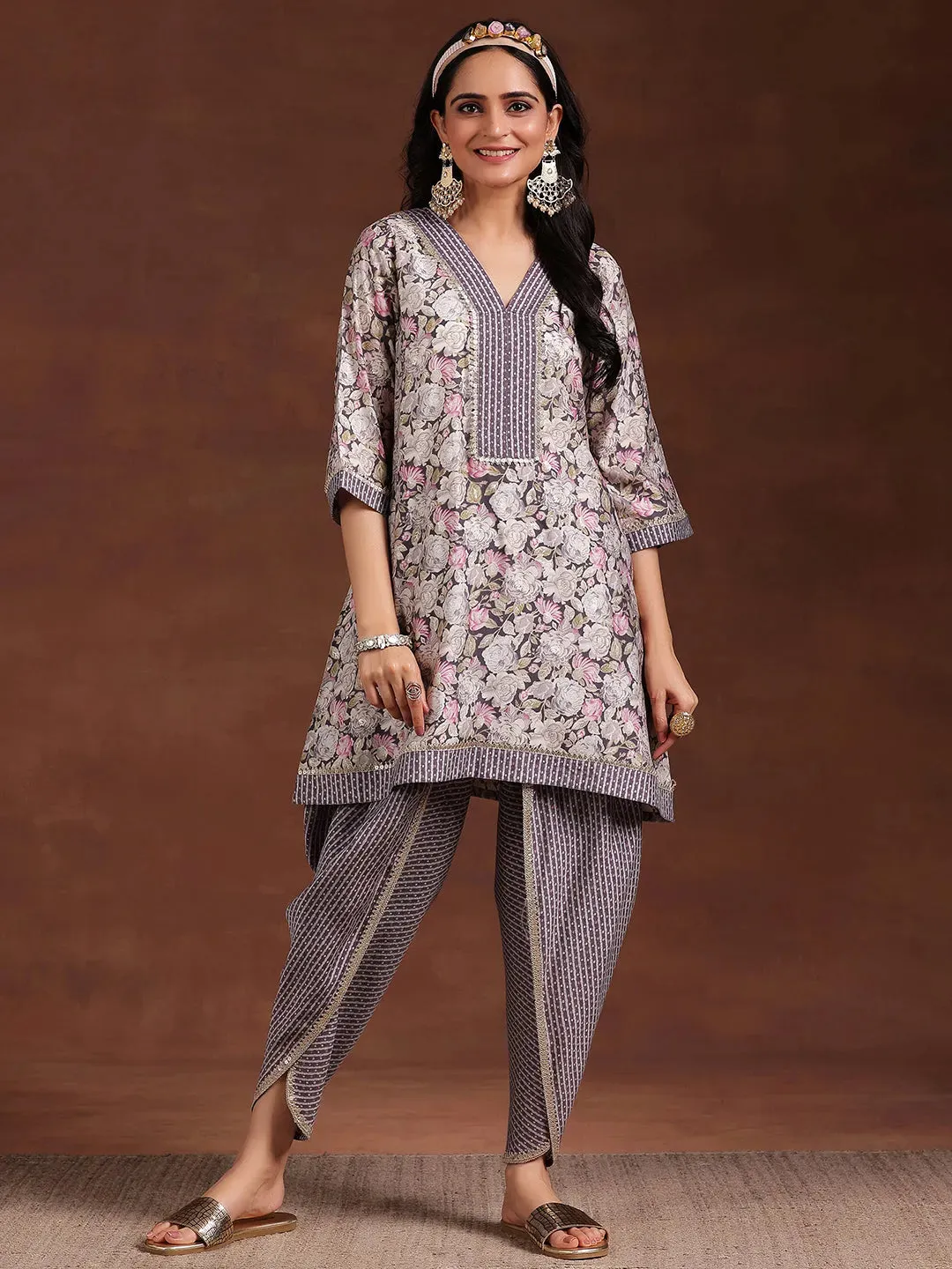 Grey Printed Silk Blend A-Line Kurta With Dhoti Pants