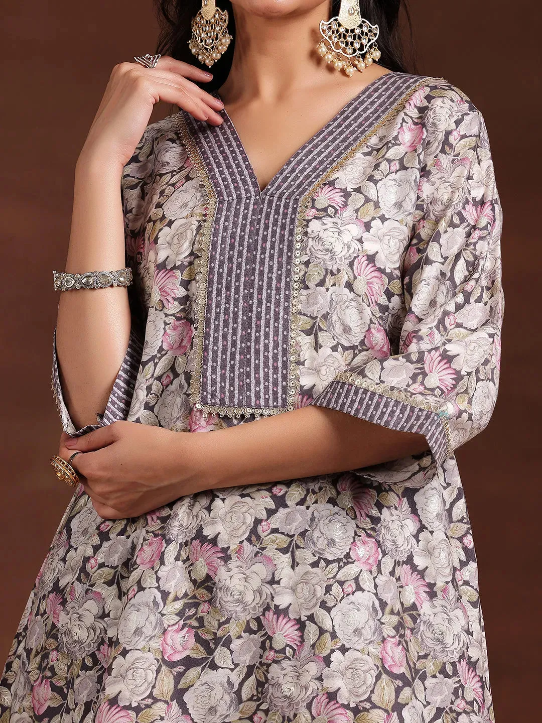 Grey Printed Silk Blend A-Line Kurta With Dhoti Pants