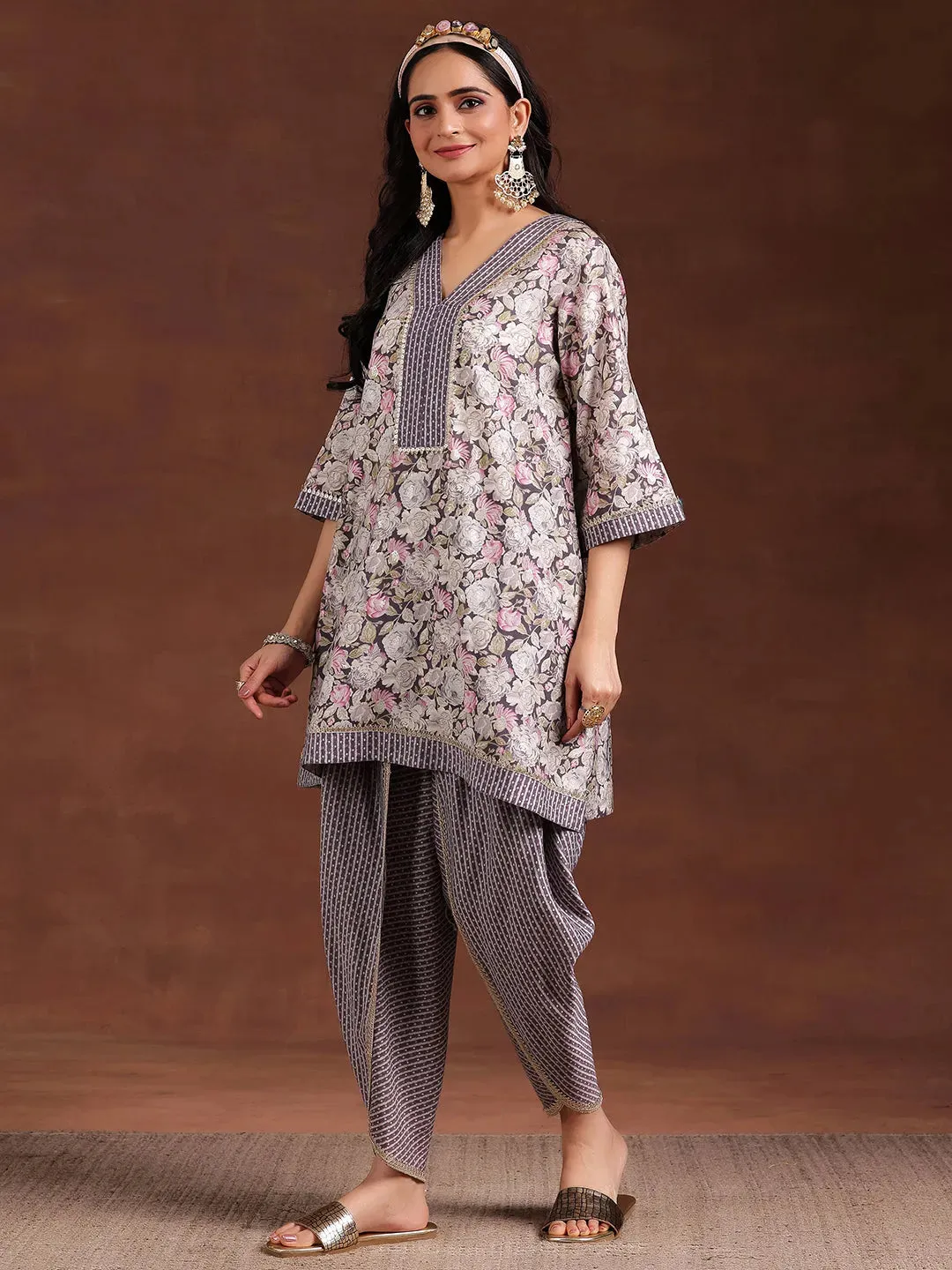 Grey Printed Silk Blend A-Line Kurta With Dhoti Pants