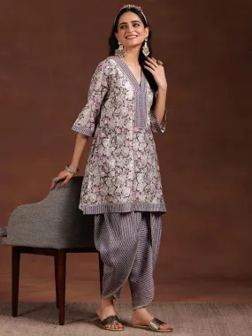 Grey Printed Silk Blend A-Line Kurta With Dhoti Pants